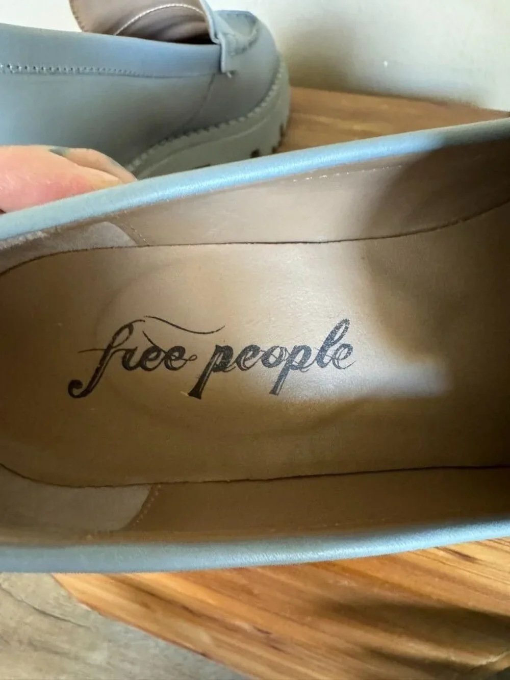 Free People Lyra Dusty Blue Genuine Leather Platform Lug Sole Loafer Size 8/38.5